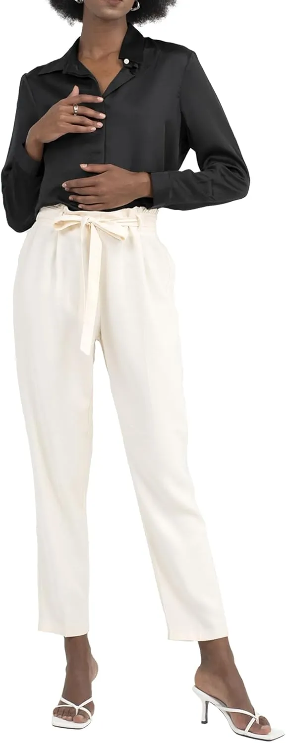 Womens Pants Straight Leg Trousers Cropped High Rise Tie Waist Elastic Slim Fit Work Slacks Office Casual Summer Fall