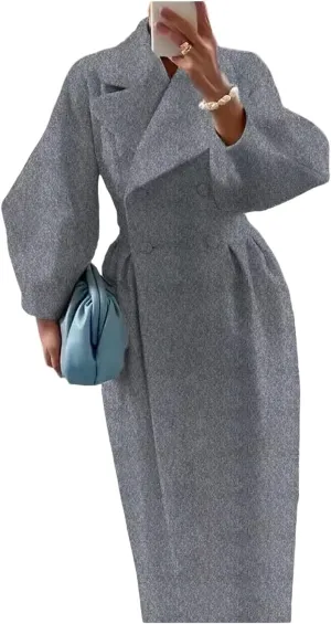 Womens peacoat Double Breasted Lapel Wool Ankle Length Solid Color Overcoat Lantern Sleeve Long Trench Coat