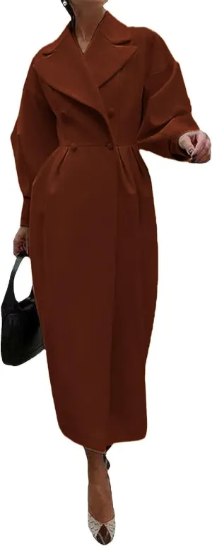 Womens peacoat Double Breasted Lapel Wool Ankle Length Solid Color Overcoat Lantern Sleeve Long Trench Coat