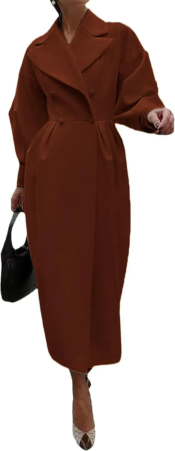 Womens peacoat Double Breasted Lapel Wool Ankle Length Solid Color Overcoat Lantern Sleeve Long Trench Coat