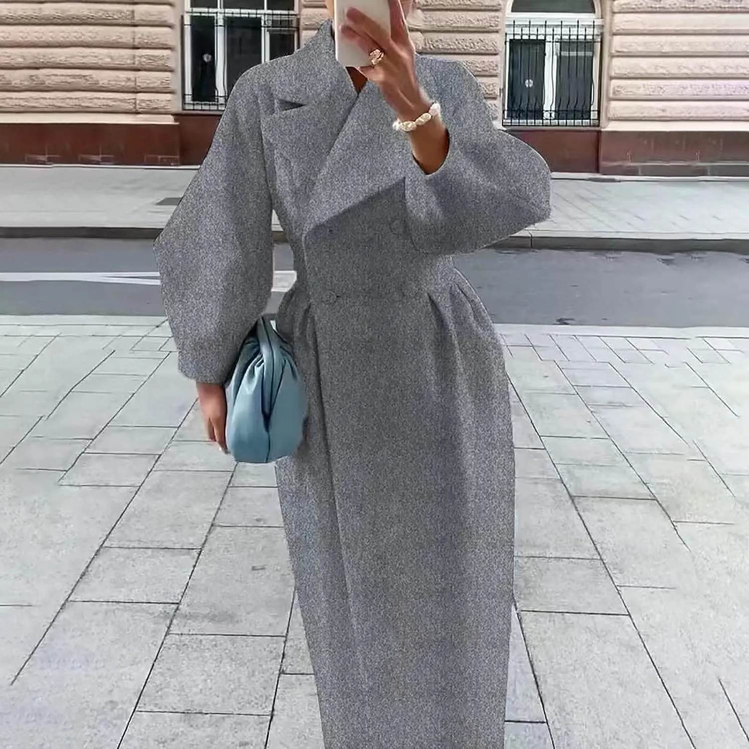 Womens peacoat Double Breasted Lapel Wool Ankle Length Solid Color Overcoat Lantern Sleeve Long Trench Coat