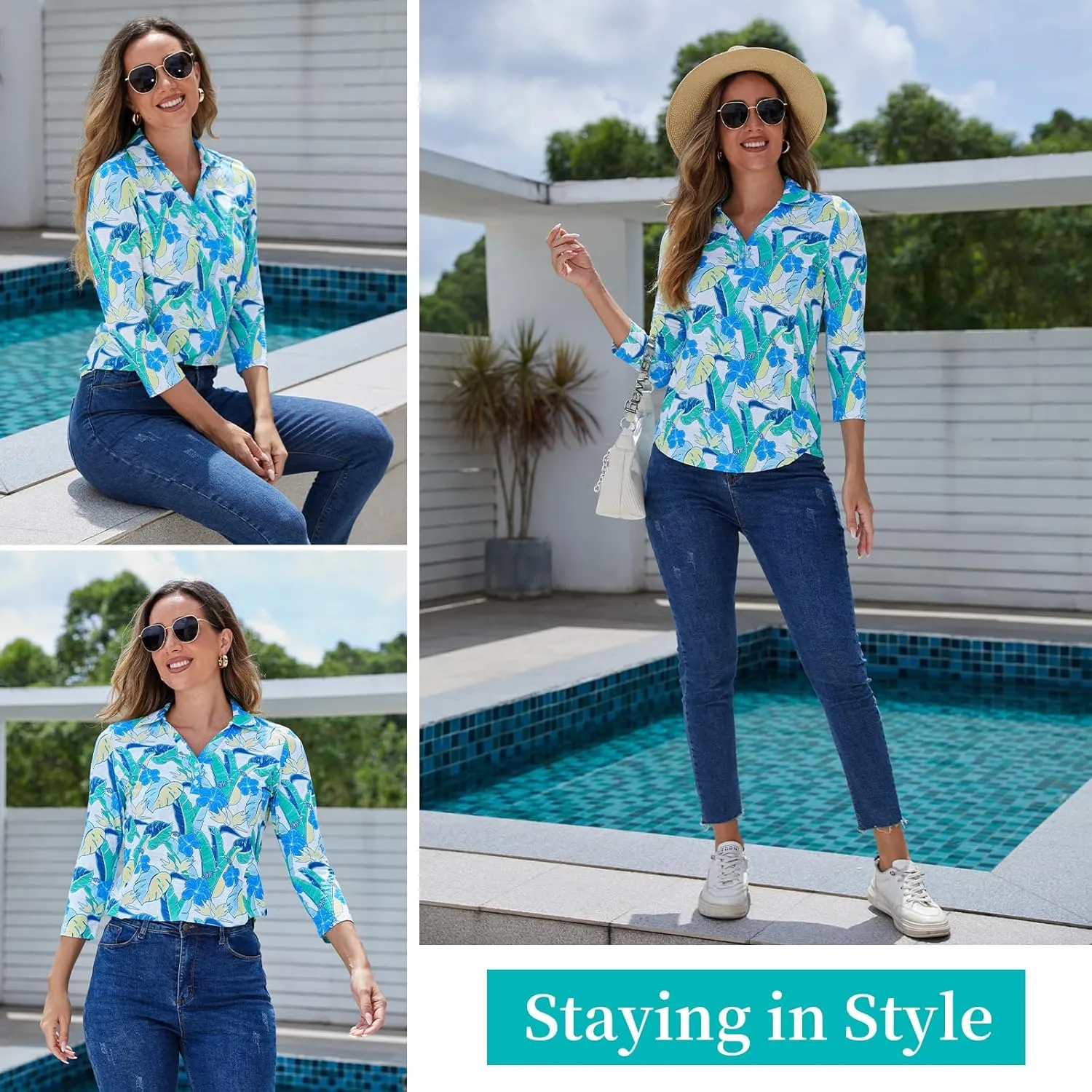 Women's Polo Shirt 3/4 Long Sleeve Golf Quick Dry T Shirts UPF 50  Athletic Casual Work Shirts Tops for Women