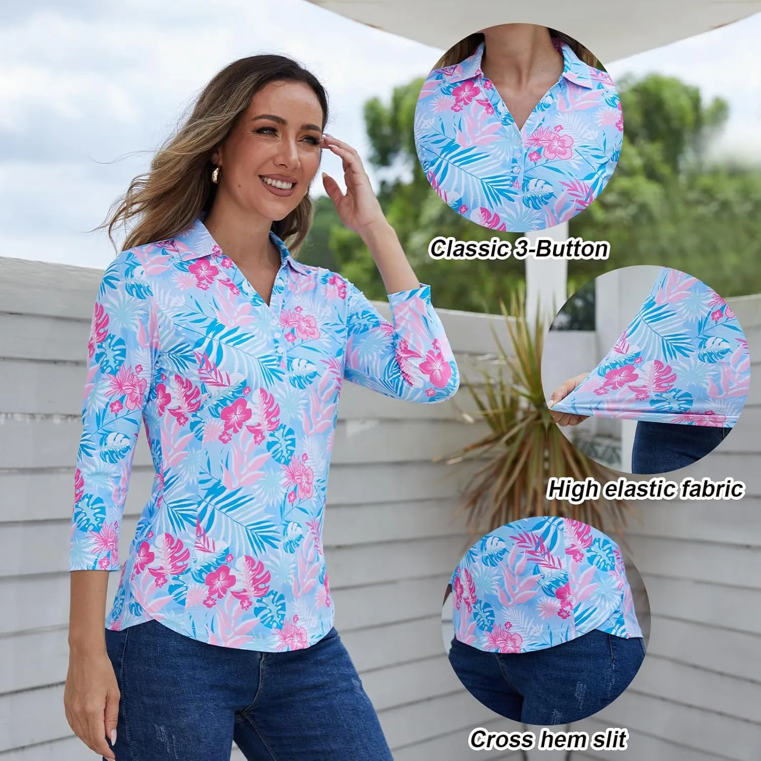 Women's Polo Shirt 3/4 Long Sleeve Golf Quick Dry T Shirts UPF 50  Athletic Casual Work Shirts Tops for Women