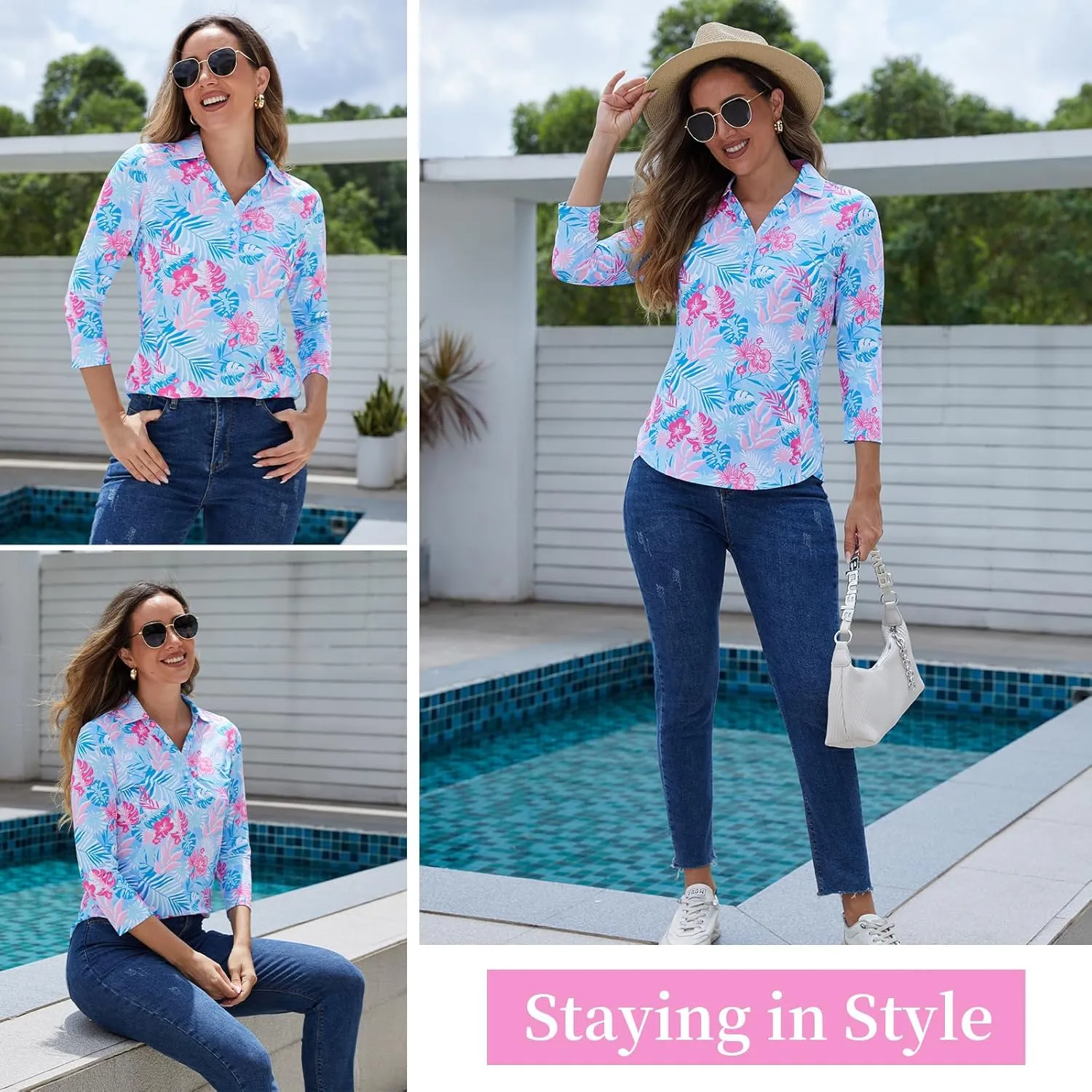 Women's Polo Shirt 3/4 Long Sleeve Golf Quick Dry T Shirts UPF 50  Athletic Casual Work Shirts Tops for Women