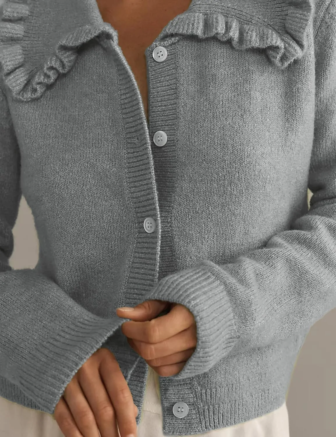 Womens Ruffle Cropped Sweater Open Front Outerwear Elegant Long Sleeve Knitted Cardigan Button Jacket Fall Tops