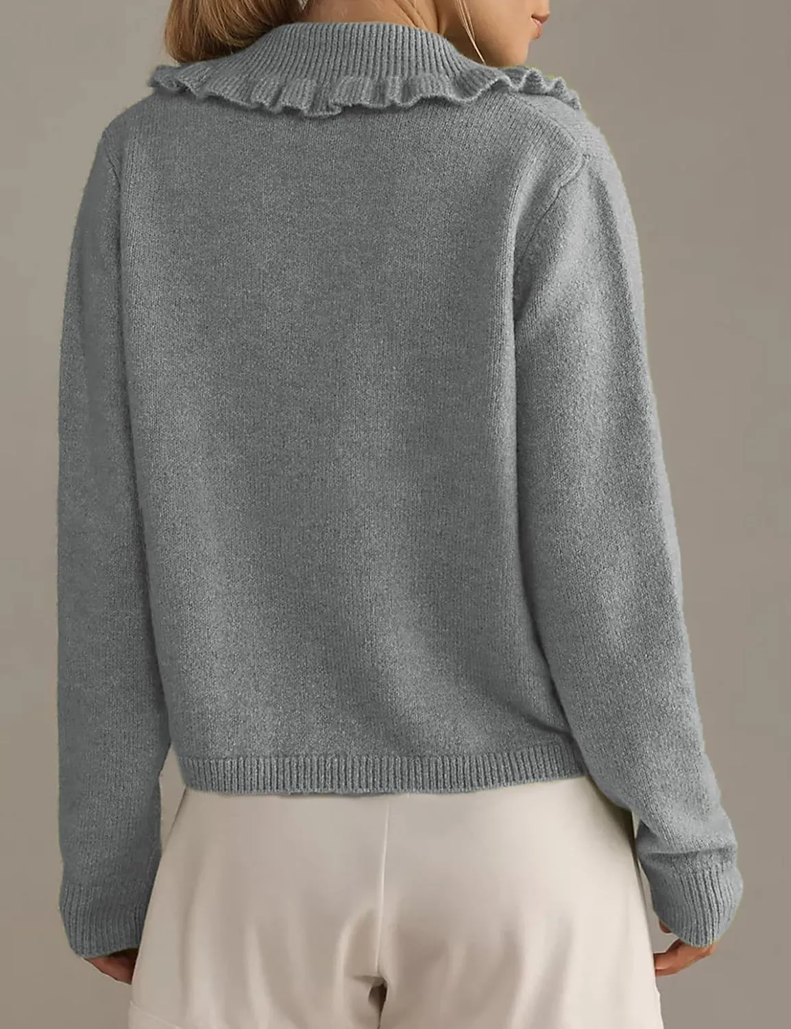 Womens Ruffle Cropped Sweater Open Front Outerwear Elegant Long Sleeve Knitted Cardigan Button Jacket Fall Tops