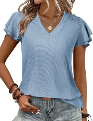 Womens Ruffle Sleeve Tops Summer Dressy Casual V Neck Tunics for Leggings Sleeveless Blouses Shirts