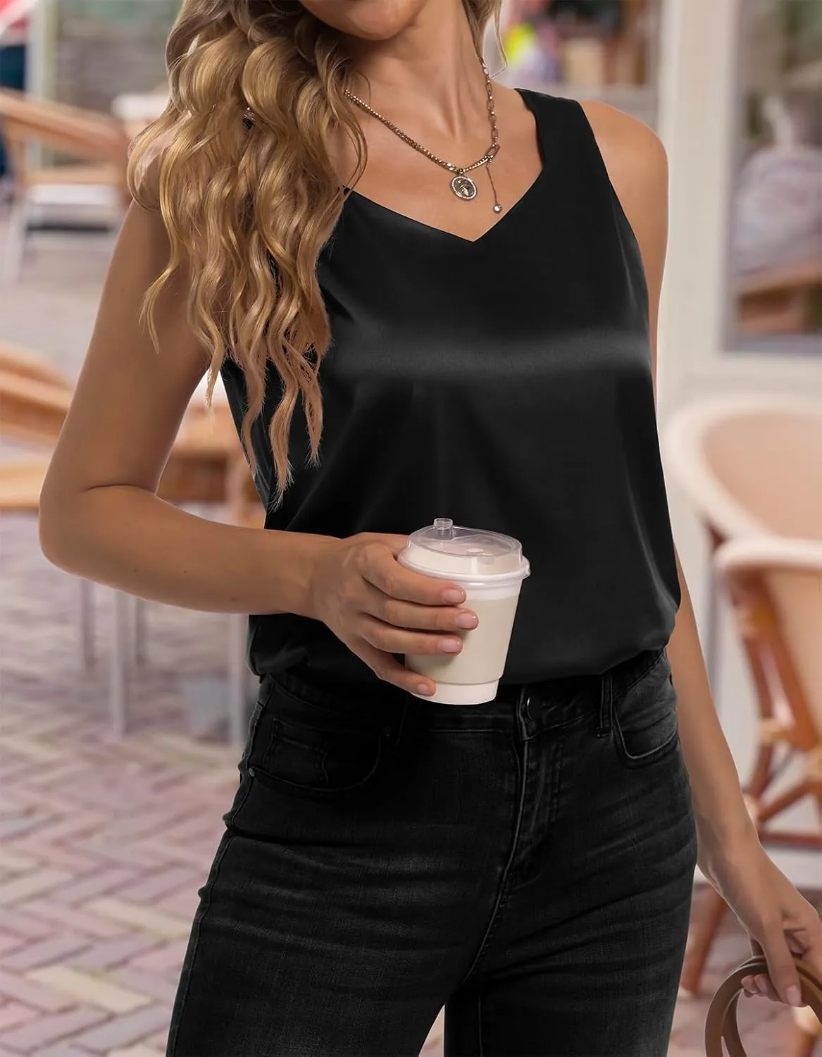 Women's Silk Satin Tank Tops V Neck Camisole Casual Cami Sleeveless Shirt Blouses Silky Basic Tanks