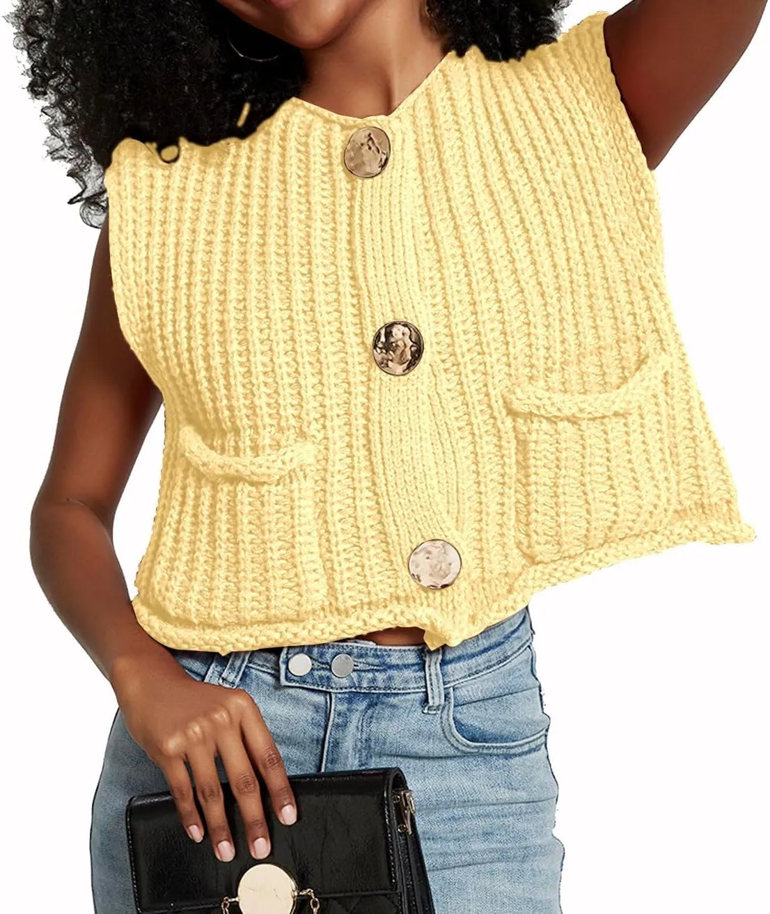 Women's Sleeveless Crochet Cardigan Vest Casual Fashion Button Down Open Front Sweater Vest with Pockets