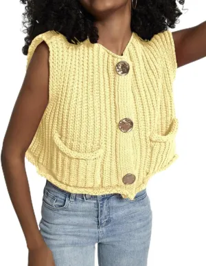 Women's Sleeveless Crochet Cardigan Vest Casual Fashion Button Down Open Front Sweater Vest with Pockets