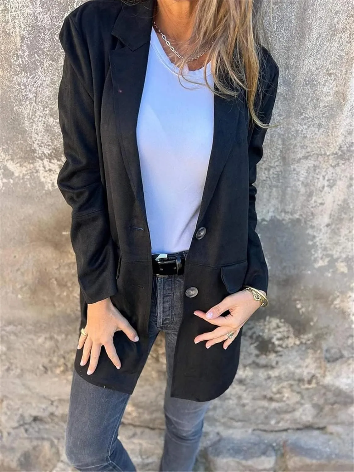 Womens Suede Blazer Button up Business Long Jackets Notched Lapel Faux Leather Trench Overcoats Pea Coats Winter Suit Outwear