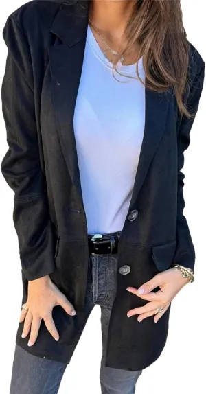 Womens Suede Blazer Button up Business Long Jackets Notched Lapel Faux Leather Trench Overcoats Pea Coats Winter Suit Outwear