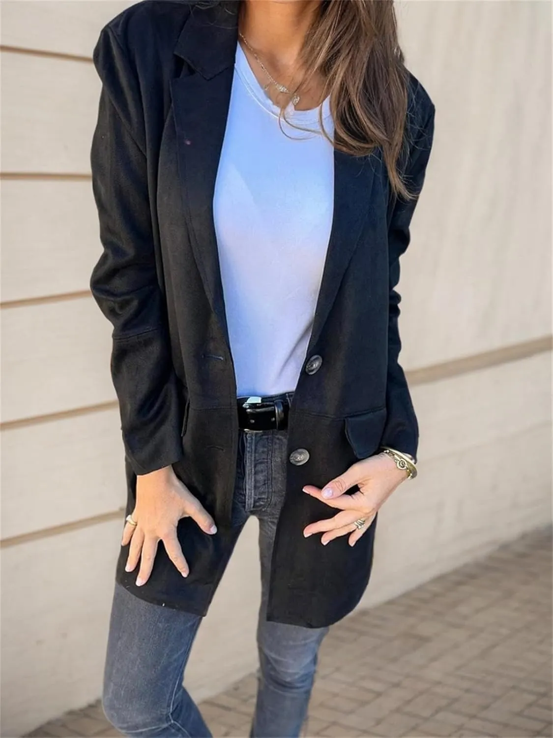 Womens Suede Blazer Button up Business Long Jackets Notched Lapel Faux Leather Trench Overcoats Pea Coats Winter Suit Outwear
