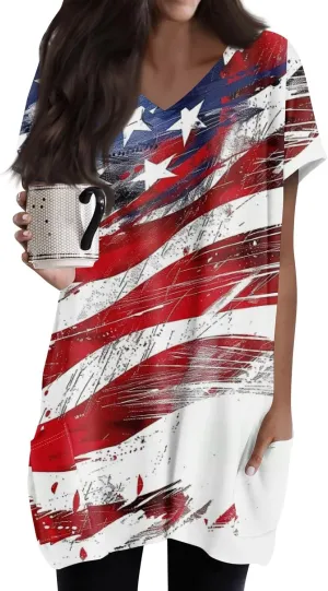 Womens Summer 2025 Casual Short Sleeve V Neck Shirts Loose Fit Oversized Tshirts Tunic Tops With Pockets