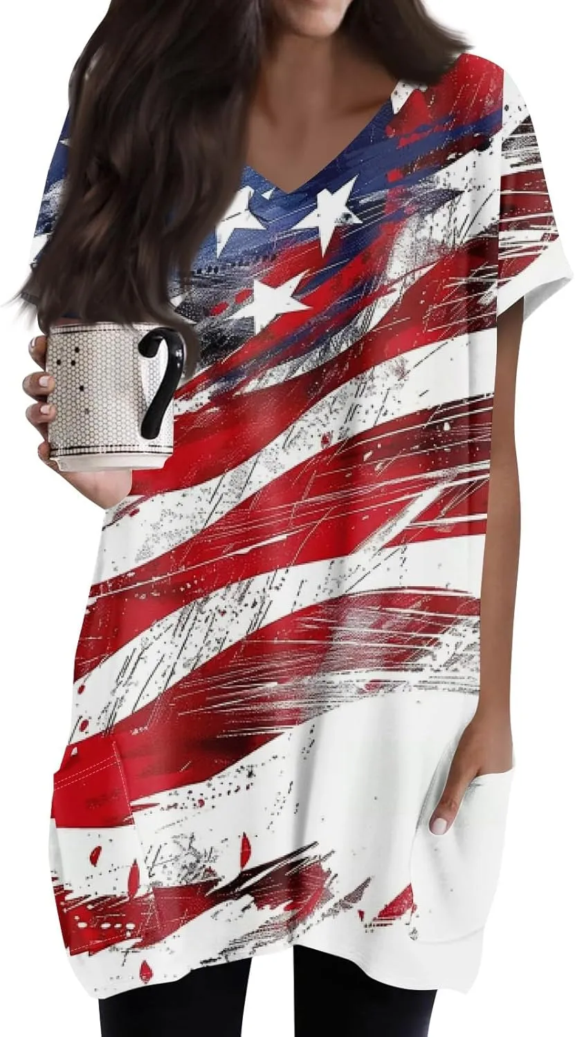 Womens Summer 2025 Casual Short Sleeve V Neck Shirts Loose Fit Oversized Tshirts Tunic Tops With Pockets