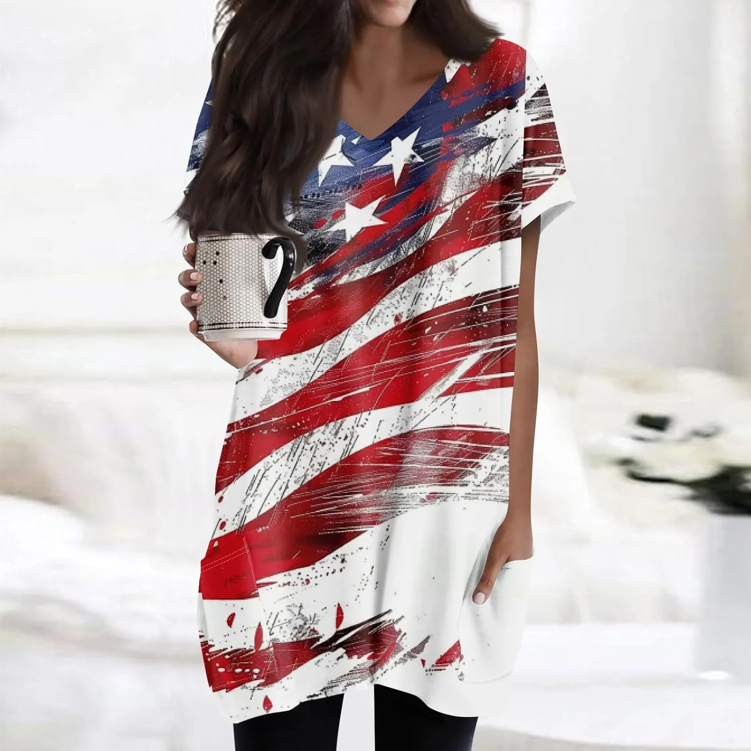 Womens Summer 2025 Casual Short Sleeve V Neck Shirts Loose Fit Oversized Tshirts Tunic Tops With Pockets