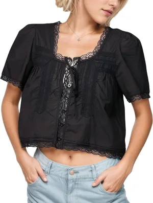 Womens Summer Beach Boho Lace Top Tie Front Shirts Short Sleeve Button Up Chiffon Cardigan Y2k Clothes