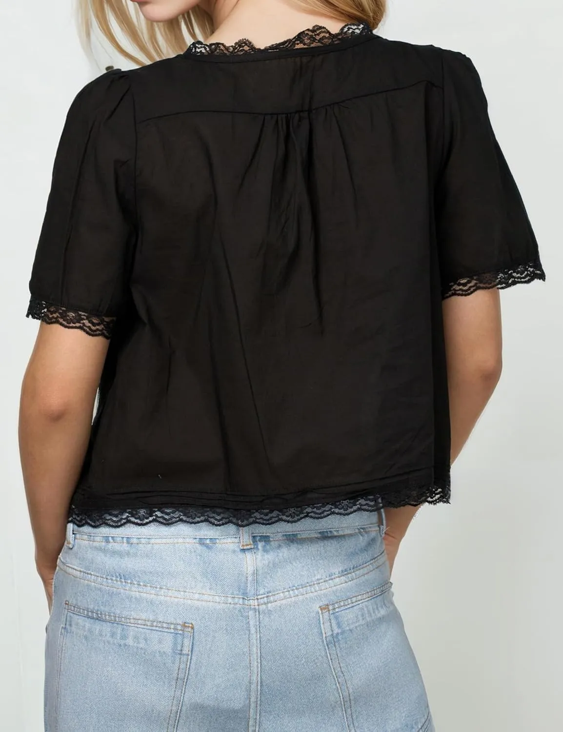 Womens Summer Beach Boho Lace Top Tie Front Shirts Short Sleeve Button Up Chiffon Cardigan Y2k Clothes