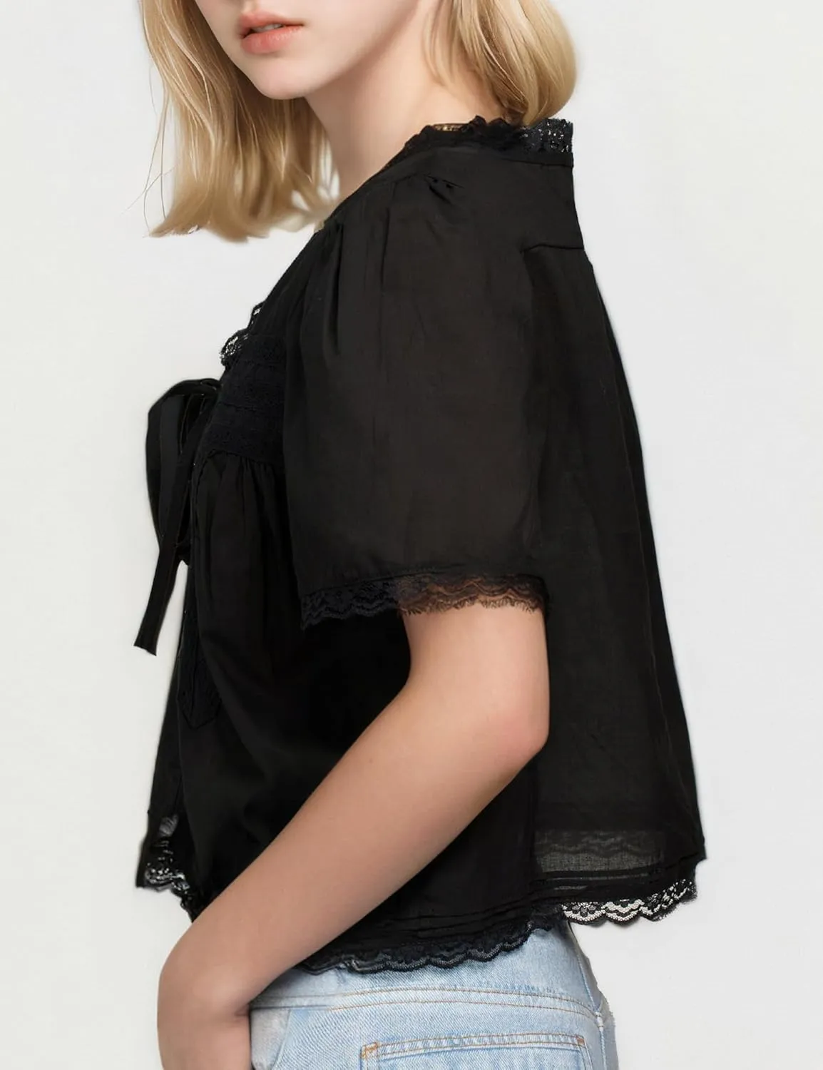 Womens Summer Beach Boho Lace Top Tie Front Shirts Short Sleeve Button Up Chiffon Cardigan Y2k Clothes