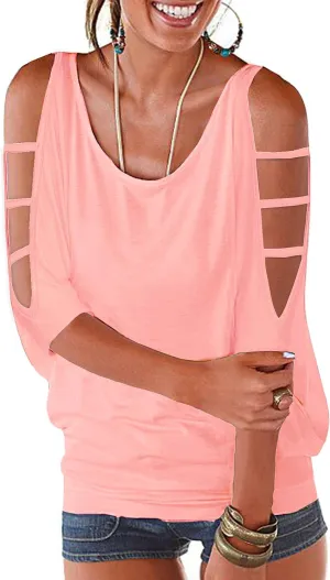 Womens Summer Cold Shoulder Tops 3/4 Sleeve T Shirts Pullover Casual Dolman Blouses
