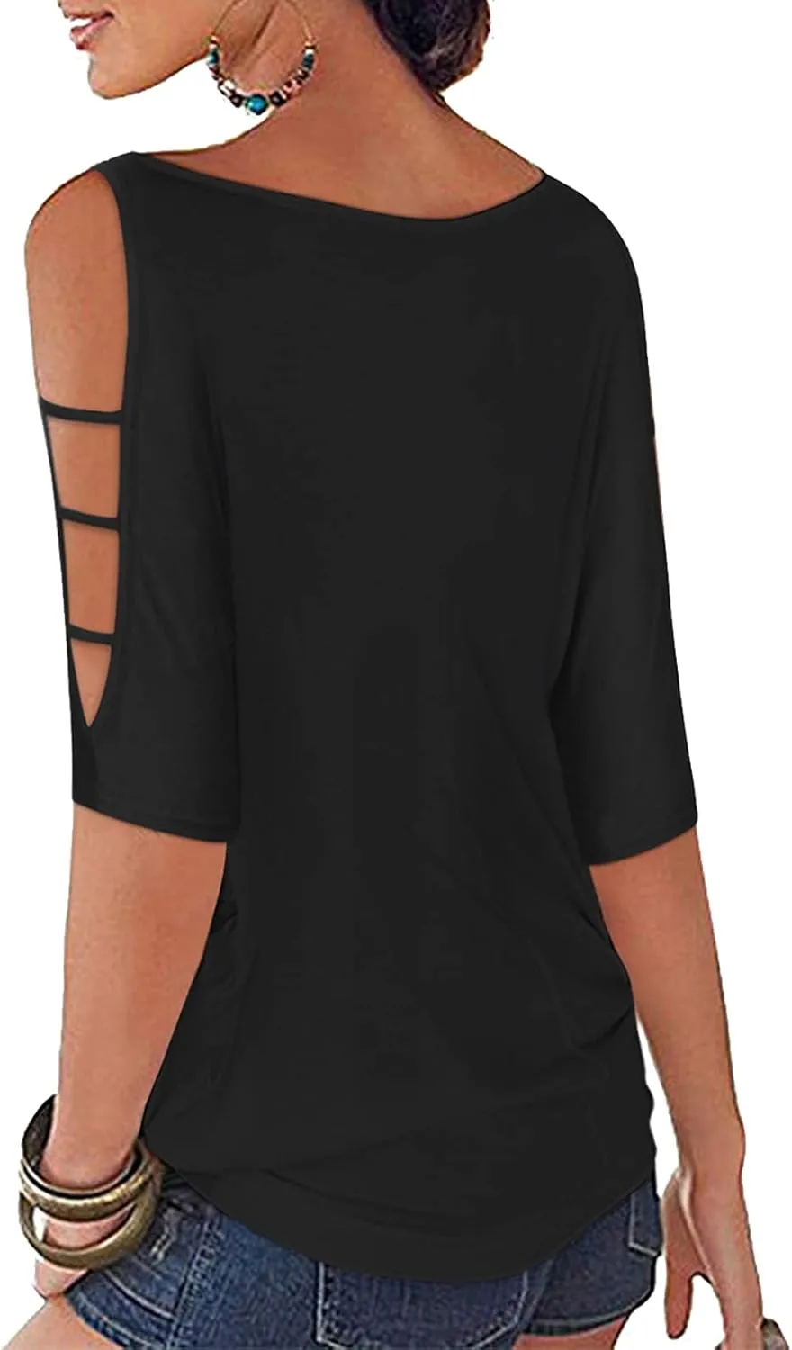 Womens Summer Cold Shoulder Tops 3/4 Sleeve T Shirts Pullover Casual Dolman Blouses