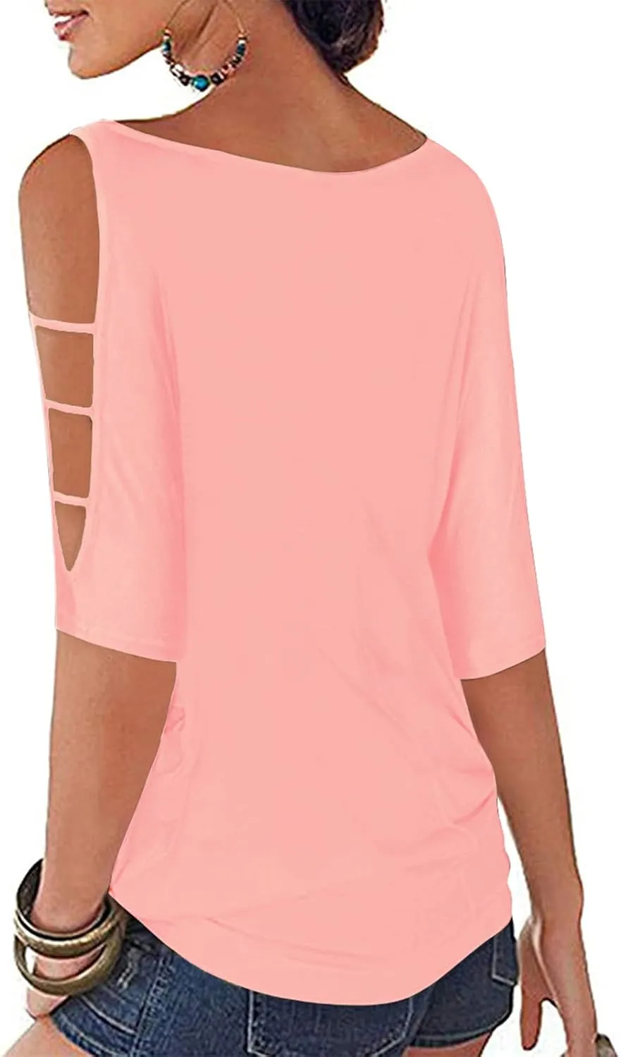 Womens Summer Cold Shoulder Tops 3/4 Sleeve T Shirts Pullover Casual Dolman Blouses