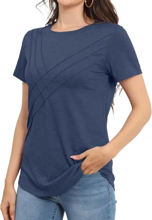 Womens Summer Tops Casual Short Sleeve T Shirts Dressy Basic Loose Blouses Trendy Pleated Tunic