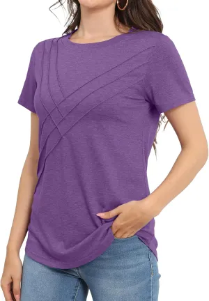Womens Summer Tops Casual Short Sleeve T Shirts Dressy Basic Loose Blouses Trendy Pleated Tunic