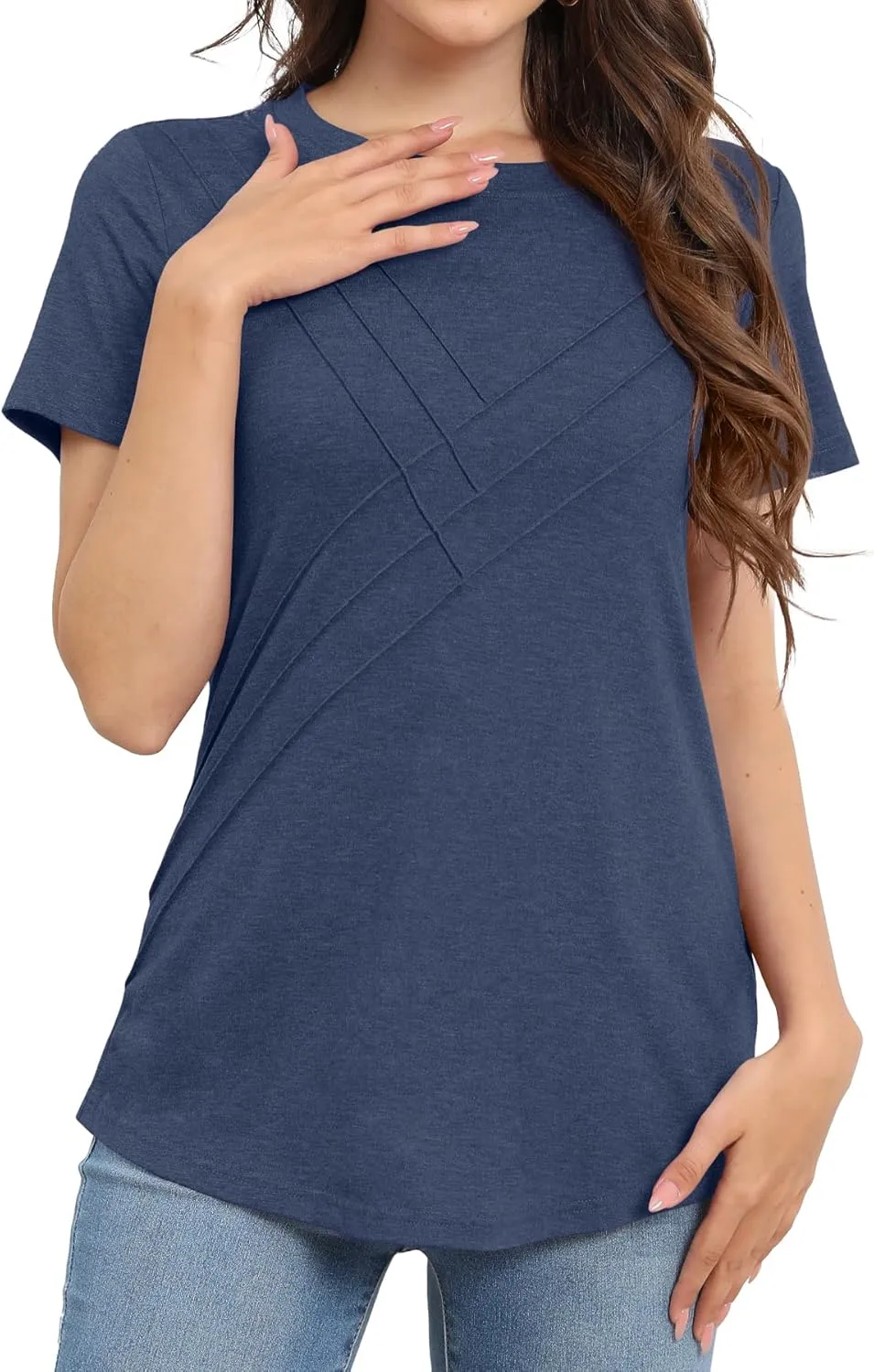 Womens Summer Tops Casual Short Sleeve T Shirts Dressy Basic Loose Blouses Trendy Pleated Tunic