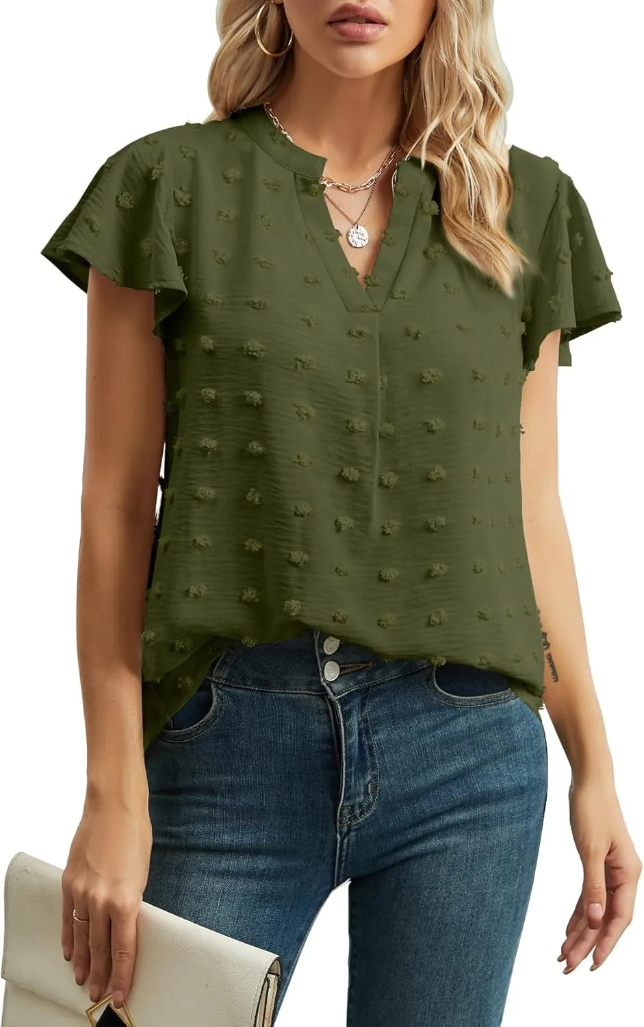 Womens Summer Tops Casual V Neck T Shirts Ruffle Short Sleeve Blouses Dressy Loose Fit Tunic