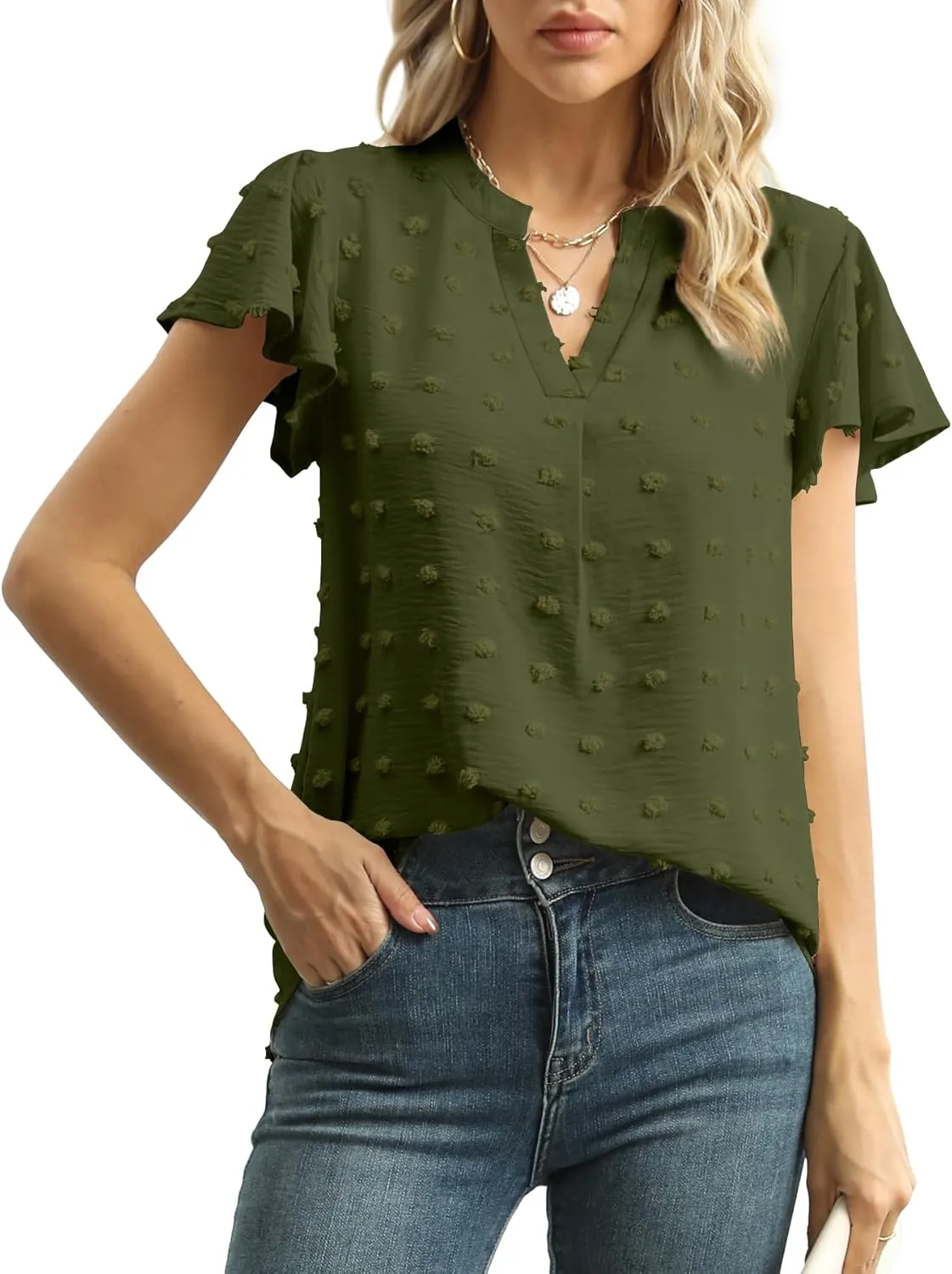 Womens Summer Tops Casual V Neck T Shirts Ruffle Short Sleeve Blouses Dressy Loose Fit Tunic