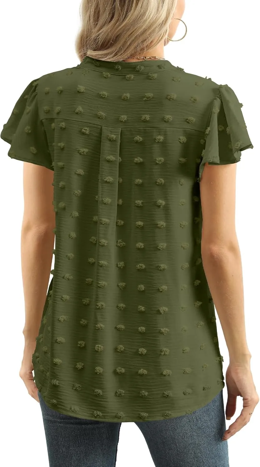 Womens Summer Tops Casual V Neck T Shirts Ruffle Short Sleeve Blouses Dressy Loose Fit Tunic