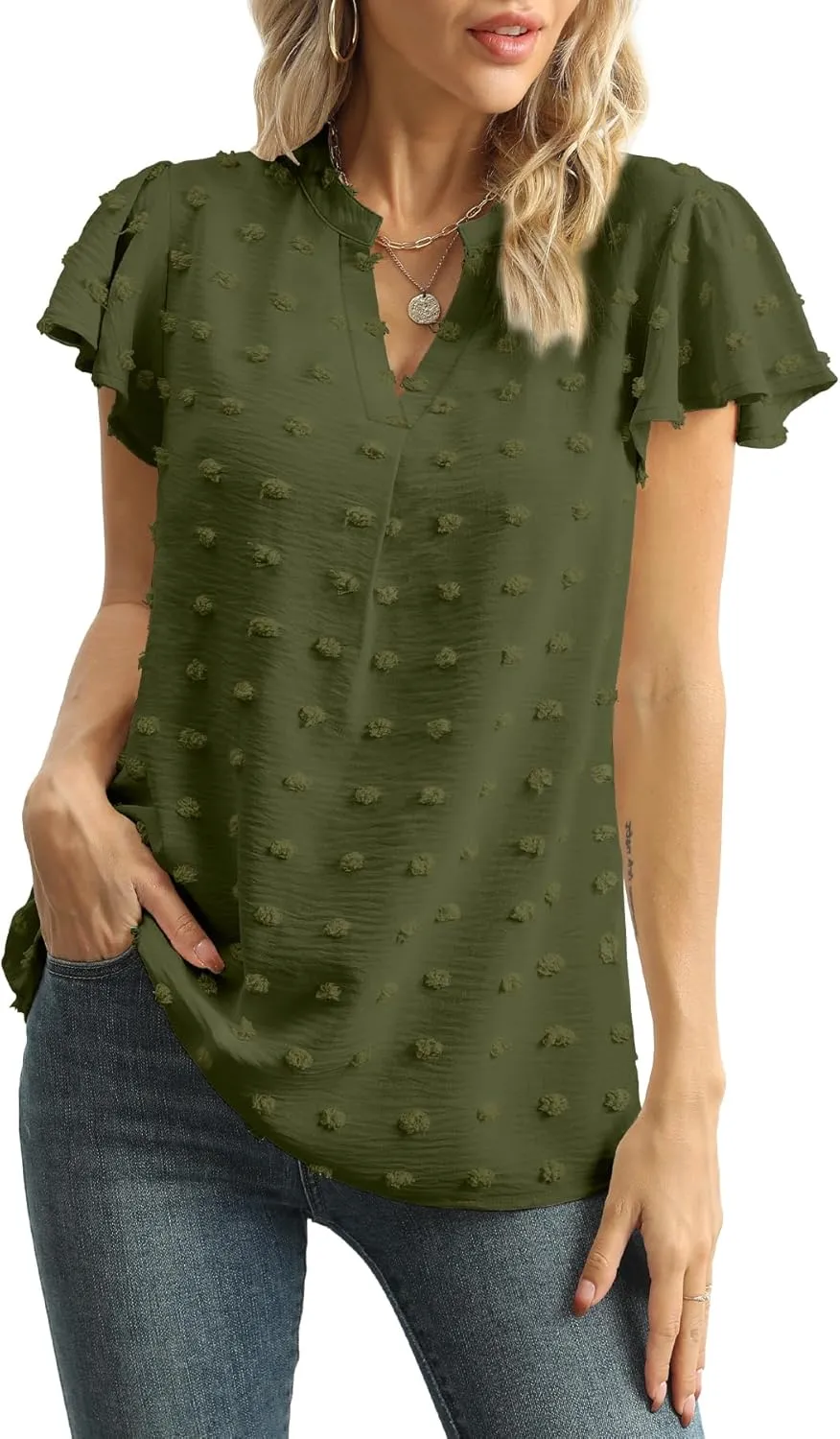 Womens Summer Tops Casual V Neck T Shirts Ruffle Short Sleeve Blouses Dressy Loose Fit Tunic