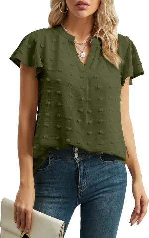 Womens Summer Tops Casual V Neck T Shirts Ruffle Short Sleeve Blouses Dressy Loose Fit Tunic