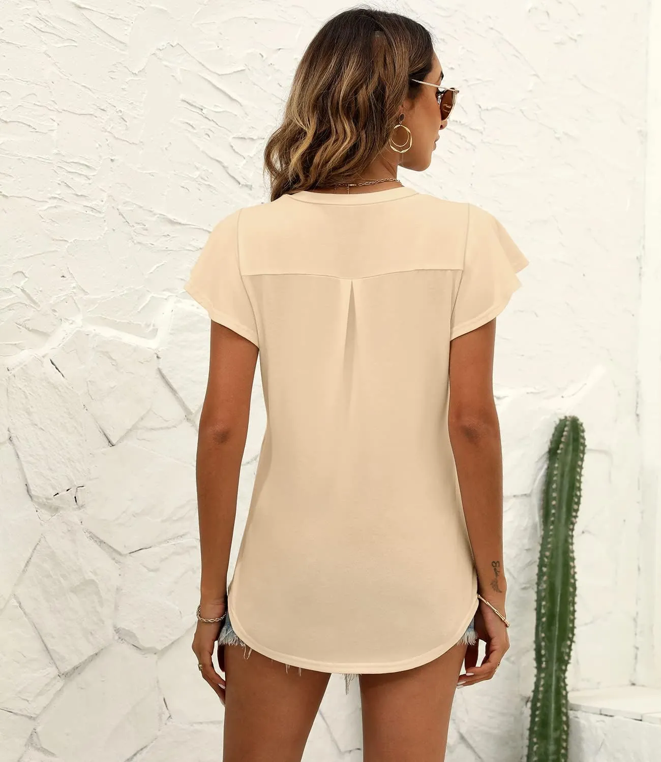 Women's Summer Tops Ruffle Sleeve V Neck Tunic Shirts Business Casual Flowy Blouses for Women