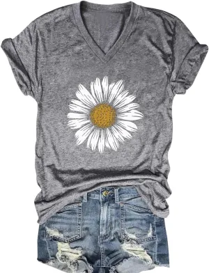 Women's T-Shirts V-Neck Boho Flowers Wildflowers Tee Cute Summer Graphic Shirts Short Sleeve T Shirt