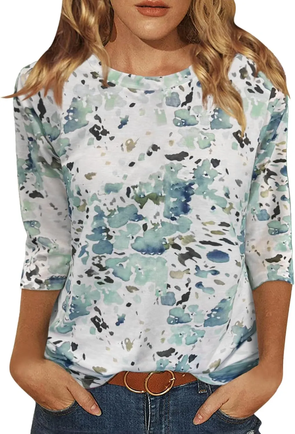 Womens Tops 3/4 Sleeve Shirts Crew Neck Loose Casual Blouses Floral Print Tshirts