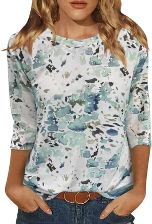 Womens Tops 3/4 Sleeve Shirts Crew Neck Loose Casual Blouses Floral Print Tshirts