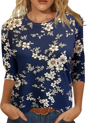 Womens Tops 3/4 Sleeve Shirts Crew Neck Loose Casual Blouses Floral Print Tshirts
