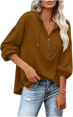 Womens Tops Hoodies Long Sleeve Botton Down Sweatshirt Oversized V Neck Shirts Spring Fall Going Out Workout Outfits