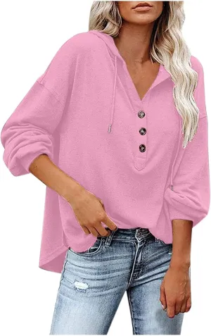 Womens Tops Hoodies Long Sleeve Botton Down Sweatshirt Oversized V Neck Shirts Spring Fall Going Out Workout Outfits