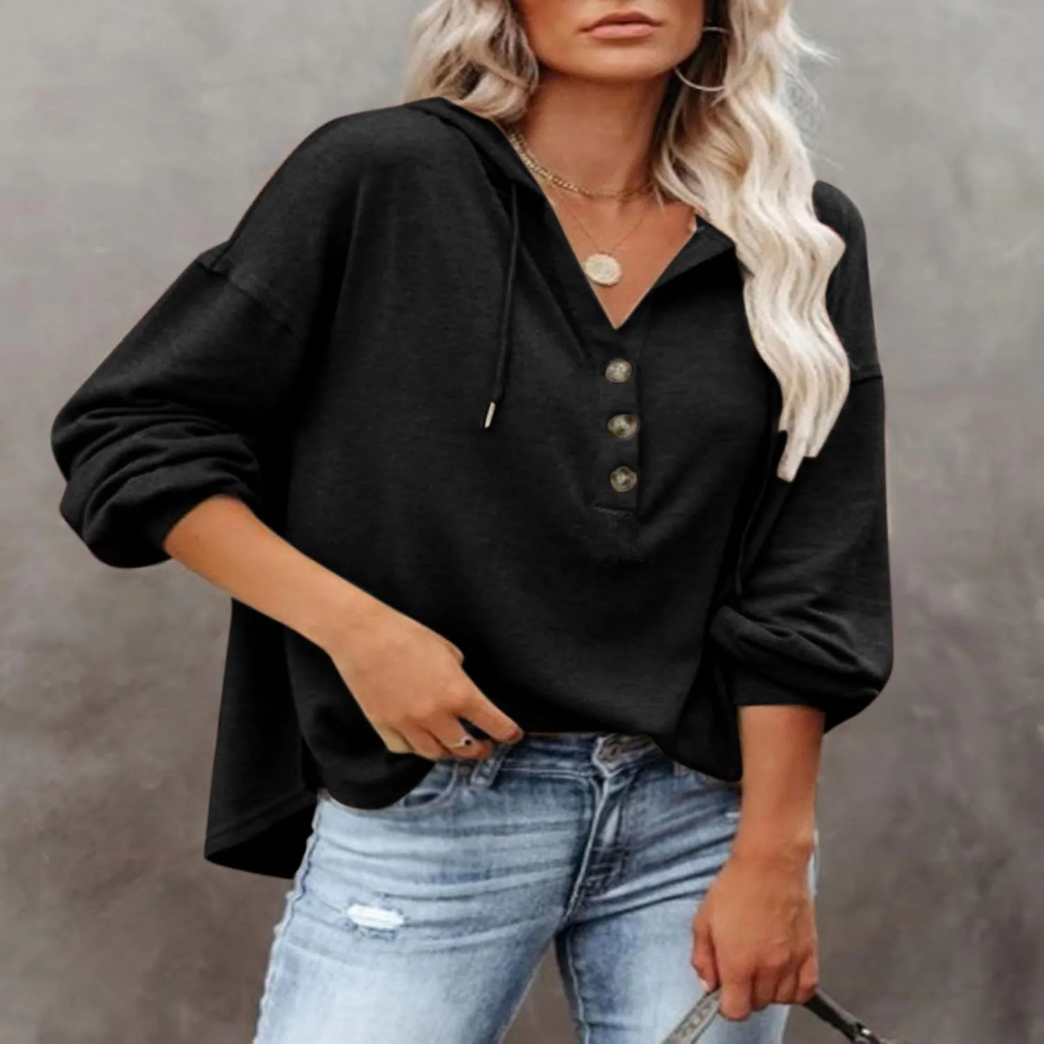 Womens Tops Hoodies Long Sleeve Botton Down Sweatshirt Oversized V Neck Shirts Spring Fall Going Out Workout Outfits