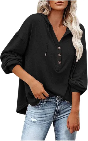 Womens Tops Hoodies Long Sleeve Botton Down Sweatshirt Oversized V Neck Shirts Spring Fall Going Out Workout Outfits