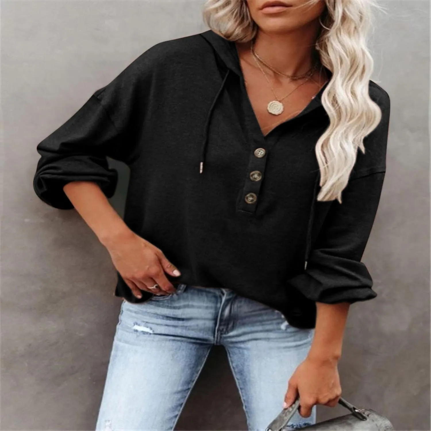 Womens Tops Hoodies Long Sleeve Botton Down Sweatshirt Oversized V Neck Shirts Spring Fall Going Out Workout Outfits