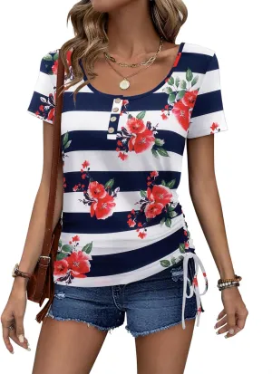 Womens Tops Short Sleeve Summer Henley Shirts Scoop Neck Ruched Blouses Dressy Casual Tunic Tops