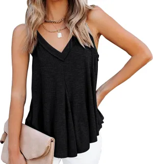 Women's V-Neck Sleeveless Irregular Pleats A-Line Camisole Shirt Tank Tops Casual Loose Flowy Pleated Shirt Blouses
