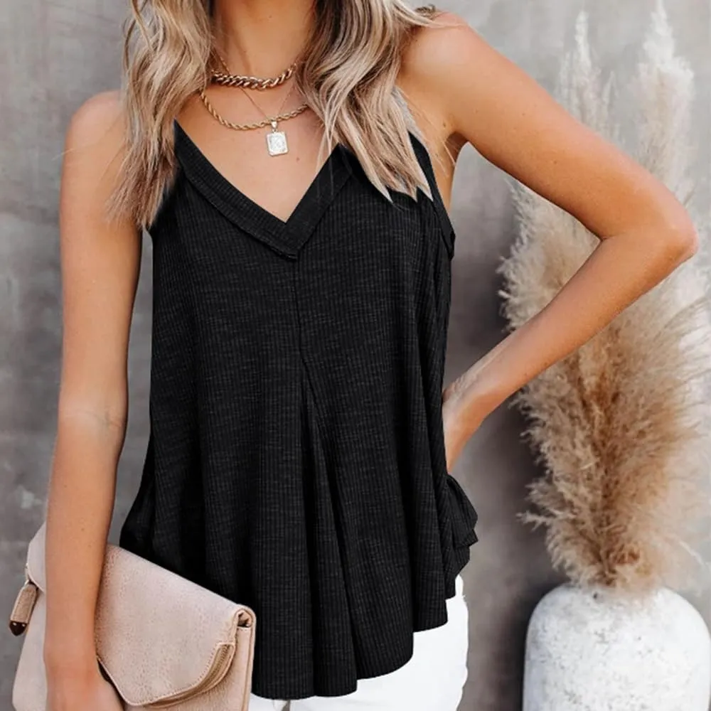 Women's V-Neck Sleeveless Irregular Pleats A-Line Camisole Shirt Tank Tops Casual Loose Flowy Pleated Shirt Blouses