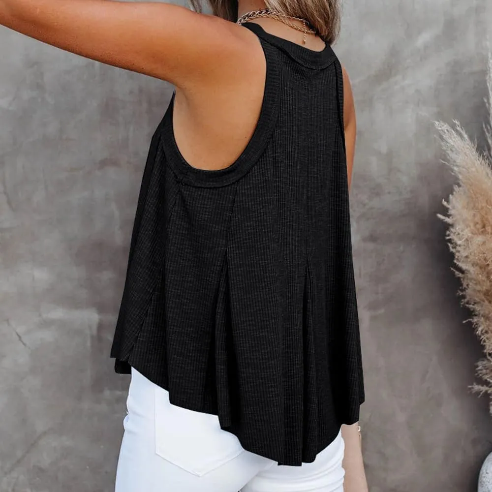 Women's V-Neck Sleeveless Irregular Pleats A-Line Camisole Shirt Tank Tops Casual Loose Flowy Pleated Shirt Blouses