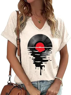 Womens Vintage Rock Music Shirts Sexy V Neck Tee Tops for Women Summer Casual Loose Fit Short Sleeve T Shirts