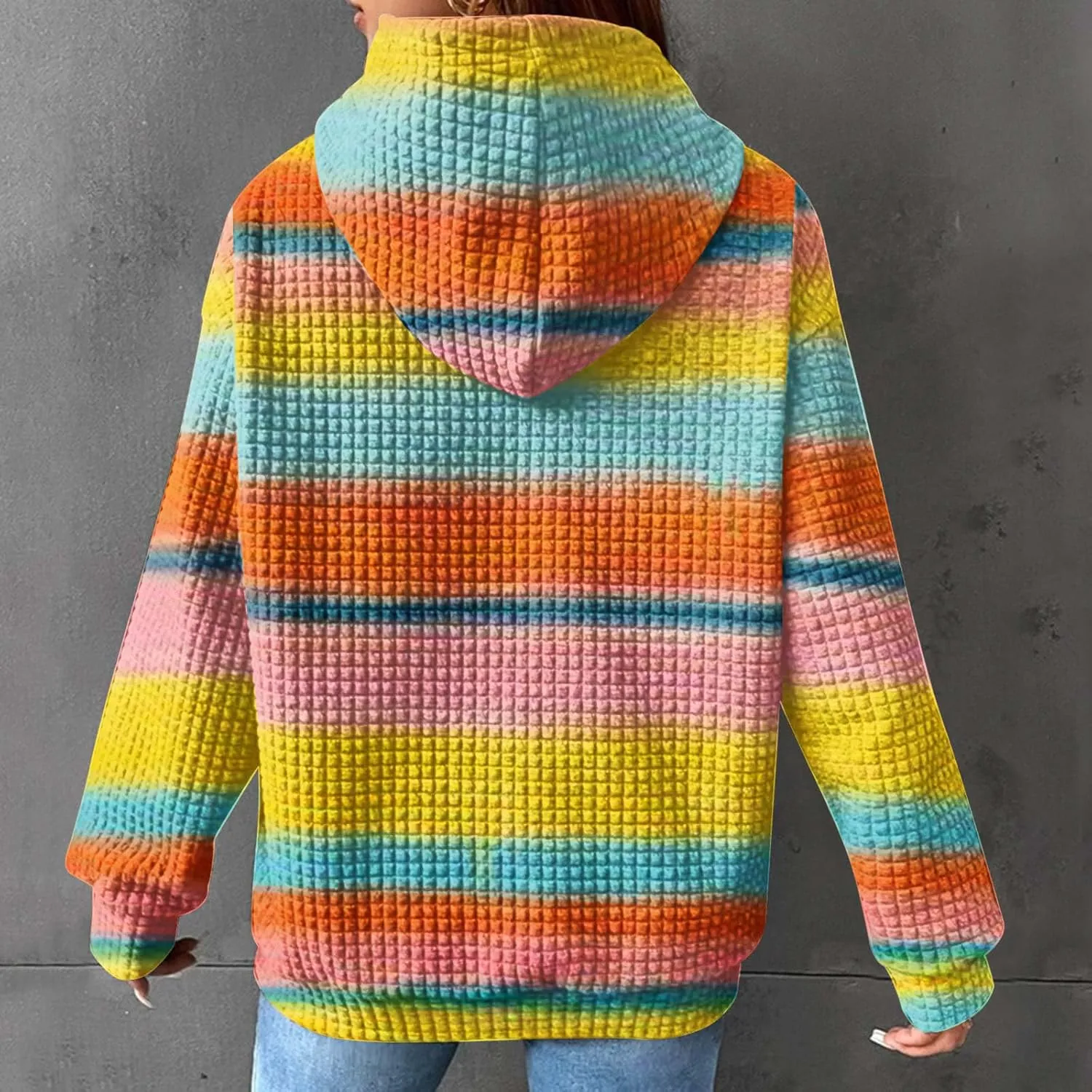 Womens Waffle Knit Trendy Sweatshirt Casual Comfort Hoodie Sweatshirts Drawstring Pullover Tops Preppy Clothes 2024
